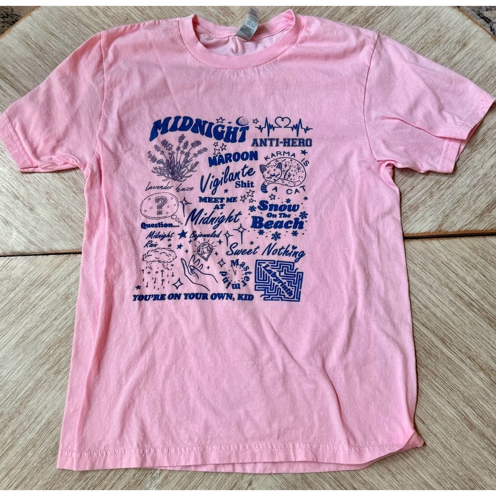 Taylor Swift Midnights Tracklist T-Shirt Small Pink Cotton Graphic Tee